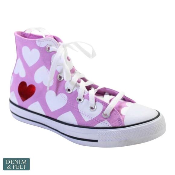 Converse Chuck Taylor All Star Hi Pink White Heart Print Sneakers Women’s 8 NEW - Picture 7 of 12